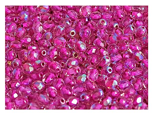 Fire-Polished Beads, 4 mm, 100 piezas, cuentas de vidrio facetadas redondas checas, pulido al fuego, Crystal/AB/Pink Lined (transparent with rainbow decor outside, inside fuchsia)