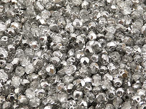 Fire-Polished Beads, 4 mm, 100 piezas, cuentas de vidrio facetadas redondas checas, pulido al fuego, Crystal/Labrador (Transparent, Half Silver Metallic)