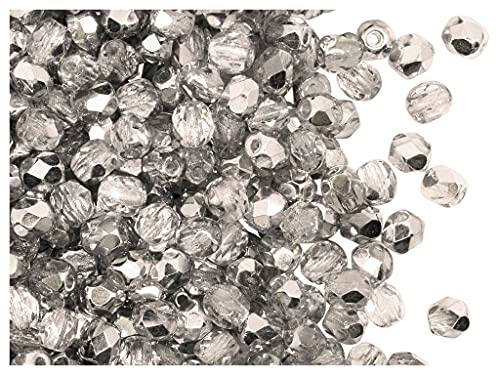 Fire-Polished Beads, 4 mm, 100 piezas, cuentas de vidrio facetadas redondas checas, pulido al fuego, Crystal/Labrador (Transparent, Half Silver Metallic)