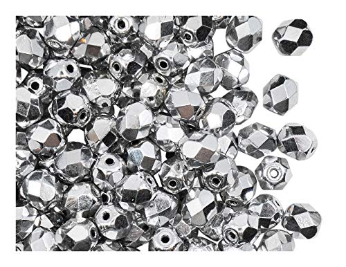 Fire-Polished Beads, 6 mm, 50 piezas, cuentas redondas checas de vidrio facetado, pulido al fuego, Crystal/Labrador Full (Silver Metallic)