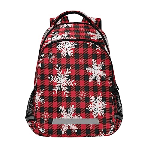 FJAUOQ Mochila a cuadros de Navidad con copos de nieve rojos, duradera, ligera, para la universidad, escuela, mochila de día para niños y niñas estudiantes, Como se muestra en la imagen, Talla única