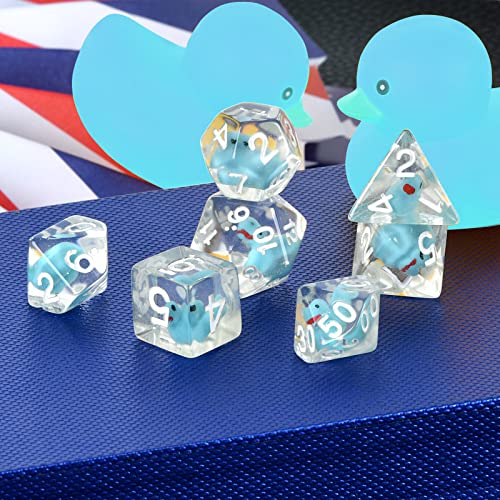 FLASHOWL Duck Dice - Juego de dados poliédricos y RPG con pato en el interior poliédrico, juego de dados D20, dados de mazmorras y dragón, 7 piezas, color azul