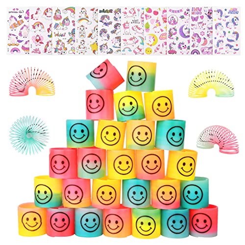 flintronic 30PCS Mini Juguetes de Muelle de Arco Iris,Círculo del Arco Iris de la Sonrisa,Mini Resortes Mágicos,con 10 Pegatinas de Unicornio,Regalo de Fiesta Niños,Rellenos de Calcetín de Navidad