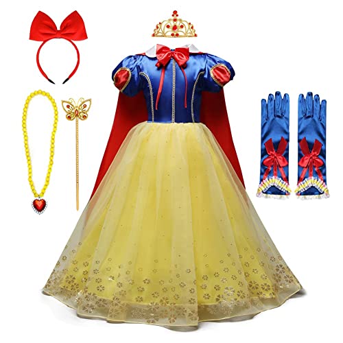 FMYFWY Niñas Vestidos de Blancanieves con Capa Disfraz de Carnaval Princesa Cumpleaños Traje de Halloween Navidad Fiesta de Cosplay Ceremonia Aniversario Bautizo Comunión Boda + Accesorios 4-5