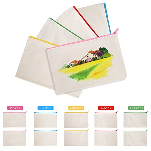 FORMIZON 15pcs DIY Estuche de Lápices, Bolsa de Maquillaje de Lona, Bolsa para Pintar, con Bolígrafo de Color, Bolsas Portalápices en Blanco, Bolsa Tela Cremallera, para Escuela, Viajes, Oficina