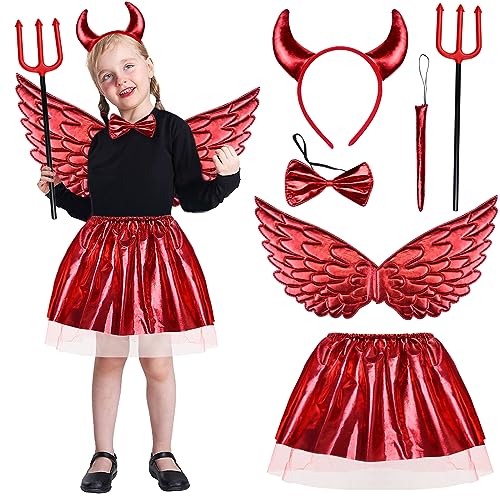 FORMIZON 6 Pcs Juego Disfraz Diablo, Disfraz de Diablo para Niñas, Alas de Rojas Diadema de Cuernos de Diablo, Accesorio de Tenedor Trident, Diablo Pajarita Cola Tutús, Alas de Ángel Disfraz