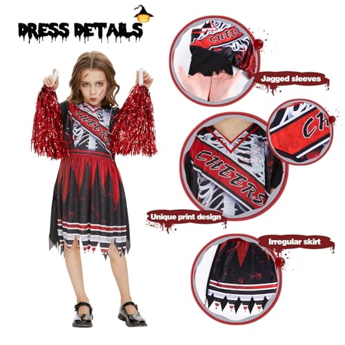 FORMIZON Disfraz de Animadora de Zombies para Niños, Disfraz de Animadora de Halloween, Disfraz de Zombi de Escuela Secundaria Vestido con Tubo de Sangre Falsa para Fiestas, Carnaval y Halloween (M)