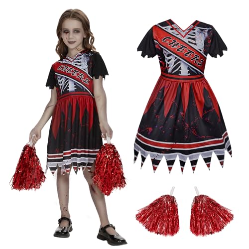 FORMIZON Disfraz de Animadora de Zombies para Niños, Disfraz de Animadora de Halloween, Disfraz de Zombi de Escuela Secundaria Vestido con Tubo de Sangre Falsa para Fiestas, Carnaval y Halloween (M)