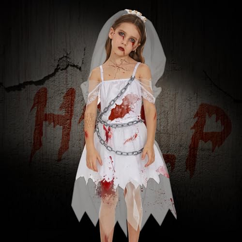 FORMIZON Halloween Disfraz de Novia Fantasma, Disfraz de Momia Zombie con Cadena, Vestidos de Bruja para Niños, Vestidos para Halloween Carnaval, Disfraces para Cosplay de Vampiro Sangrientos (L)