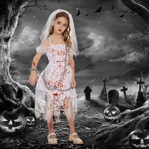 FORMIZON Halloween Disfraz de Novia Fantasma, Disfraz de Momia Zombie con Cadena, Vestidos de Bruja para Niños, Vestidos para Halloween Carnaval, Disfraces para Cosplay de Vampiro Sangrientos (L)