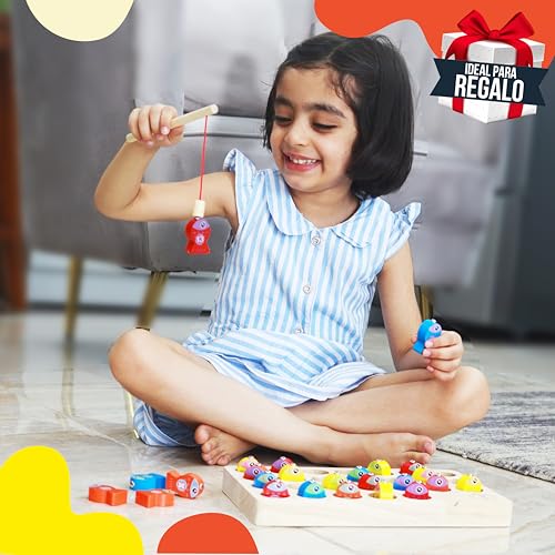 FrenchWay Juguetes Montessori 2 Años de Madera – Kit de 3 – Juego de Pescar y 2 Grandes Puzzle – Juguetes Niños 2 3 4 5 Años – Regalo para Aprender Colores, Cifras y Letras y Desarrollar la Motricidad