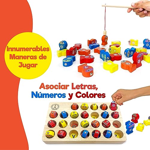 FrenchWay Juguetes Montessori 2 Años de Madera – Kit de 3 – Juego de Pescar y 2 Grandes Puzzle – Juguetes Niños 2 3 4 5 Años – Regalo para Aprender Colores, Cifras y Letras y Desarrollar la Motricidad