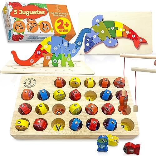 FrenchWay Juguetes Montessori 2 Años de Madera – Kit de 3 – Juego de Pescar y 2 Grandes Puzzle – Juguetes Niños 2 3 4 5 Años – Regalo para Aprender Colores, Cifras y Letras y Desarrollar la Motricidad