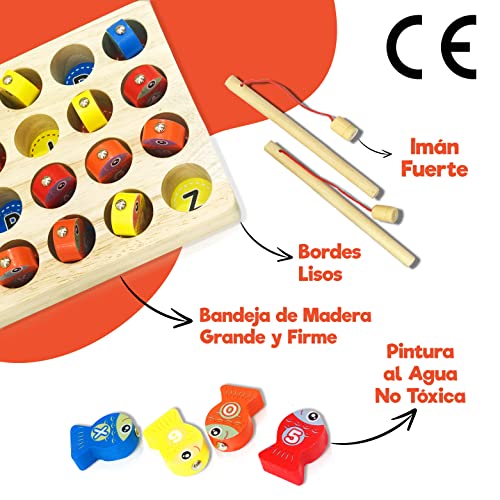 FrenchWay Juguetes Montessori 2 Años de Madera – Kit de 3 – Juego de Pescar y 2 Grandes Puzzle – Juguetes Niños 2 3 4 5 Años – Regalo para Aprender Colores, Cifras y Letras y Desarrollar la Motricidad