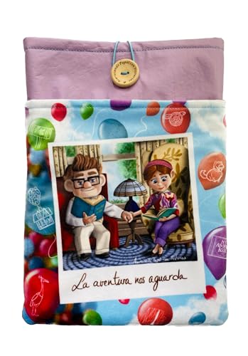 Funda artesanal grande de terciopelo para libros y tablets de Up + marcapáginas regalo, algodón ecológico, acolchada, bolsillo delantero y cierre de botón. Regalo ideal para adolescentes