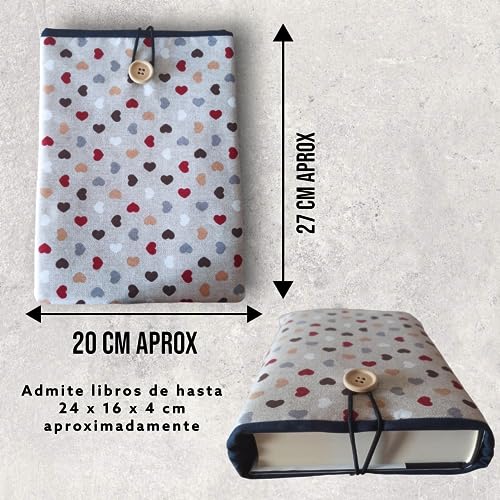 Funda libro,fundas para libros,funda de libro,funda de tela libros,funda para guardar libros,protector de libros,accesorio de lectura,diseño corazones madera,tamaño 27x20cm