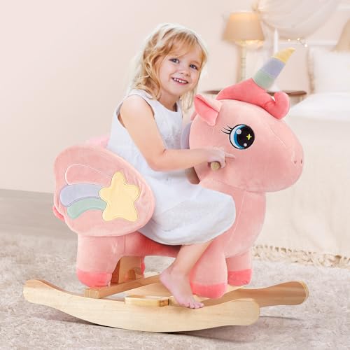 FUNLIO Caballo balancín de unicornio para bebé, caballo balancín de unicornio arcoíris rosa para niños de 6 meses a 3 años, balancín de animales de peluche, fácil de montar, certificado CPC & CE