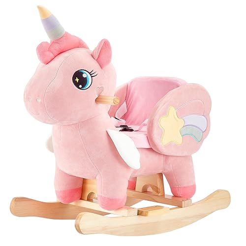 FUNLIO Caballo balancín de unicornio para bebé, caballo balancín de unicornio arcoíris rosa para niños de 6 meses a 3 años, balancín de animales de peluche, fácil de montar, certificado CPC & CE