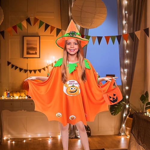 Funmo Disfraz Infantil Bruja, Infantil Capa de Halloween con Sombrero de Mago, Bolsa De Caramelos, Capa De Bruja para Niños Niña Disfraz de Cosplay Fiesta