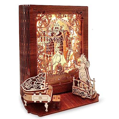 FUNPOLA Puzzle 3D de Madera La Bella y la Bestia Luz de Noche - Maquetas para Construir Adultos Libro de Cuentos Decoración para el hogar para niños y Adultos (La Bella y la Bestia)