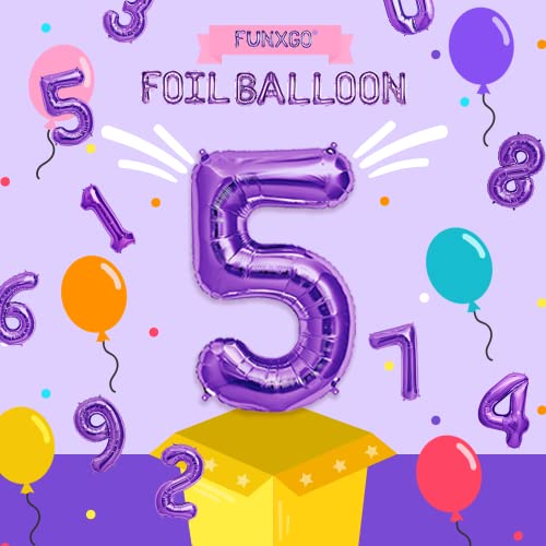 FUNXGO globo numero 5 morado- numero 5 globo cumpleaños - globo 5 morado- número 5 cumpleaños globo morado- globo numero 5 gigante - globos número 5 - decoracion 5 cumpleaños