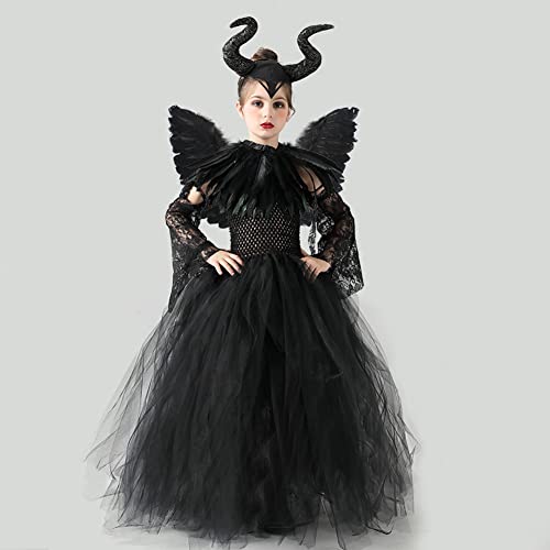 FYMNSI Disfraz de Maléfica para niña, disfraz de Halloween, carnaval, fiesta, cosplay, malvado reina, disfraz de reina de bruja malvada, Juego de 5 piezas, 6-7 Años