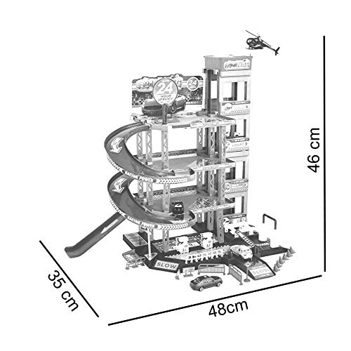 Garaje de aparcamiento para niños, garaje, garaje, incluye 4 coches de juguete y helicóptero juego con gasolinera, ascensor, túnel de lavado y taller