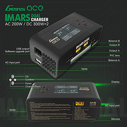 GensAce Cargador Imars Dual Channel AC200W/DC300Wx2 Balance Paquete de batería Cargador para batería Ninh/Lipo (Negro)