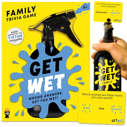 Get Wet Family Edition: El juego de preguntas donde las respuestas incorrectas te mojan | A partir de 8 años | 2-8 jugadores | Juego de cartas de trivia para niños, adolescentes, adultos, familias |