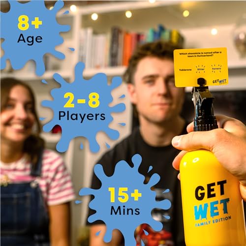 Get Wet Family Edition: El juego de preguntas donde las respuestas incorrectas te mojan | A partir de 8 años | 2-8 jugadores | Juego de cartas de trivia para niños, adolescentes, adultos, familias |