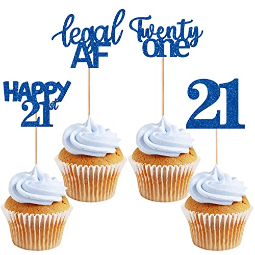 Gidobo 24 adornos para cupcakes de 21 cumpleaños con purpurina azul para cupcakes Happy 21st Twenty-One