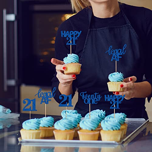 Gidobo 24 adornos para cupcakes de 21 cumpleaños con purpurina azul para cupcakes Happy 21st Twenty-One