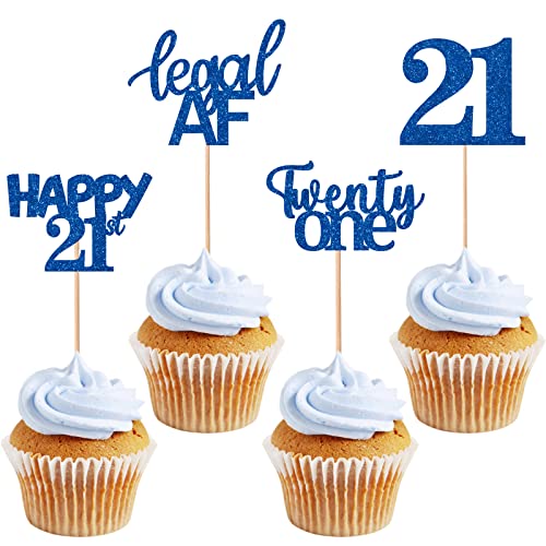 Gidobo 24 adornos para cupcakes de 21 cumpleaños con purpurina azul para cupcakes Happy 21st Twenty-One