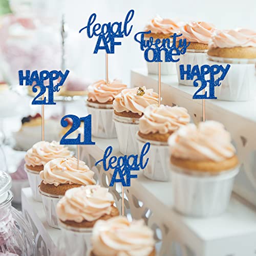 Gidobo 24 adornos para cupcakes de 21 cumpleaños con purpurina azul para cupcakes Happy 21st Twenty-One