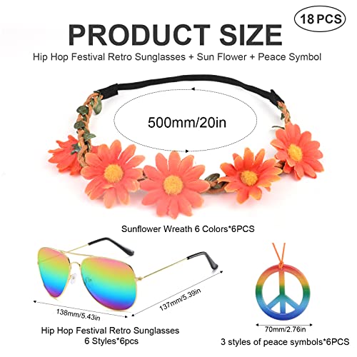 GLAITC Hippie Costume Set,18 Pieces 60s 70s Dressing Accessory Hippie Party Supplies 6pcs Sunglasses Hippie Glasses 6pcs Rainbow Peace Necklaces 6pcs Sunflower Garland for Beach/Retro/Hippie Party