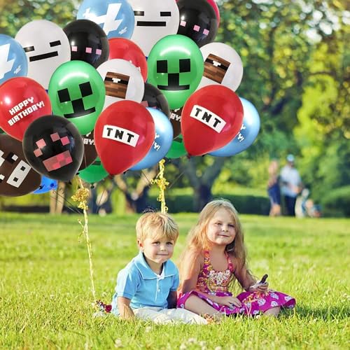 Globos de cumpleaños de Minecraft, 18 globos de látex de Minecraft de 12 pulgadas, 1 pancarta de feliz cumpleaños estilo Minecraft, decoración de fiesta para jugadores de Minecraft