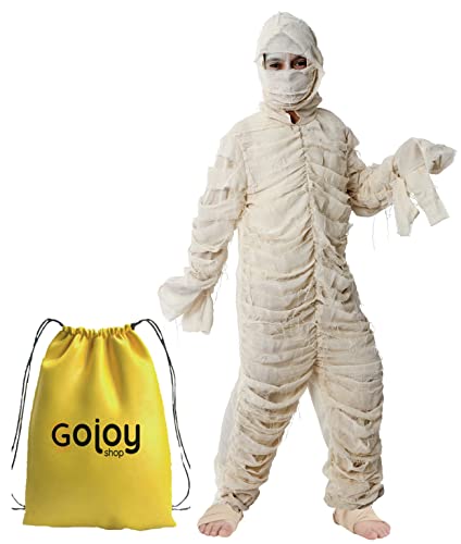 Gojoy Shop- Disfraz de Momia Niños Egipcia para Niños Halloween Canaval(Contiene:Mono de Vendas con Capucha,Tira de Vendas 7cm×2m y Mochila de Cuerdas.4 Tallas Diferentes) (10-12 años)