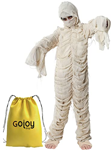 Gojoy Shop- Disfraz de Momia Niños Egipcia para Niños Halloween Canaval(Contiene:Mono de Vendas con Capucha,Tira de Vendas 7cm×2m y Mochila de Cuerdas.4 Tallas Diferentes) (10-12 años)