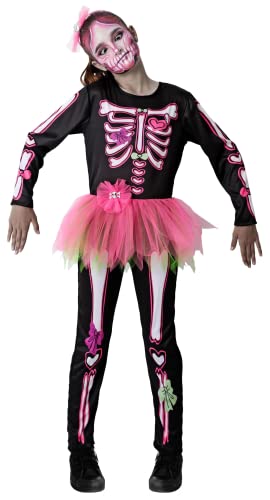 Gojoy Shop-Disfraz de Pink Skull para Niñas Halloween Canaval(Contiene:Mono con Pantalón de Hueso Colores y Tutu Rosa,Diadema y Mochila de Cuerdas.4 Tallas Diferentes) (5-6 años)