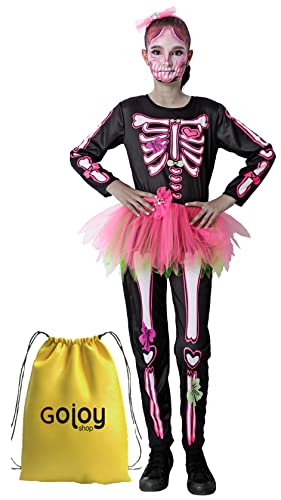 Gojoy Shop-Disfraz de Pink Skull para Niñas Halloween Canaval(Contiene:Mono con Pantalón de Hueso Colores y Tutu Rosa,Diadema y Mochila de Cuerdas.4 Tallas Diferentes) (5-6 años)