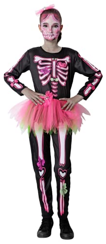 Gojoy Shop-Disfraz de Pink Skull para Niñas Halloween Canaval(Contiene:Mono con Pantalón de Hueso Colores y Tutu Rosa,Diadema y Mochila de Cuerdas.4 Tallas Diferentes) (5-6 años)