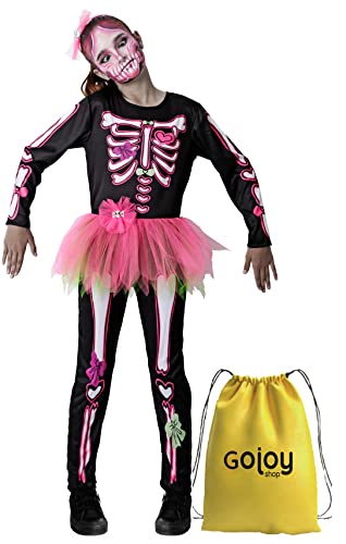 Gojoy Shop-Disfraz de Pink Skull para Niñas Halloween Canaval(Contiene:Mono con Pantalón de Hueso Colores y Tutu Rosa,Diadema y Mochila de Cuerdas.4 Tallas Diferentes) (5-6 años)