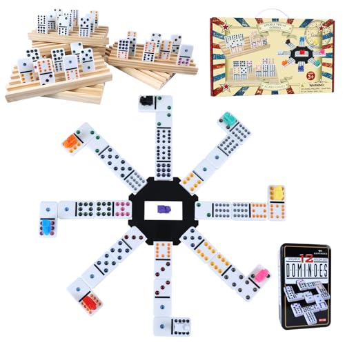 GOTHINK - Juego de dominó de tren mexicano con 8 bandejas de madera/bastidor/soporte, 91 azulejos dobles 12 juegos de dominó con caja de estaño, juegos de mesa clásicos para niños, adultos y familias