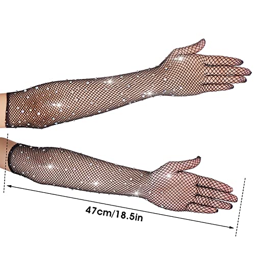 Guantes de Red Largos Negros para Mujer Long Fishnet Gloves con Diamantes de Imitación Brillantes Guantes de Opera de Moda para Fiesta de Disfraces de los Años 80 Suministros de Cosplay de Halloween