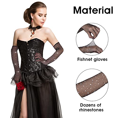 Guantes de Red Largos Negros para Mujer Long Fishnet Gloves con Diamantes de Imitación Brillantes Guantes de Opera de Moda para Fiesta de Disfraces de los Años 80 Suministros de Cosplay de Halloween