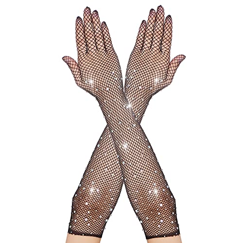 Guantes de Red Largos Negros para Mujer Long Fishnet Gloves con Diamantes de Imitación Brillantes Guantes de Opera de Moda para Fiesta de Disfraces de los Años 80 Suministros de Cosplay de Halloween