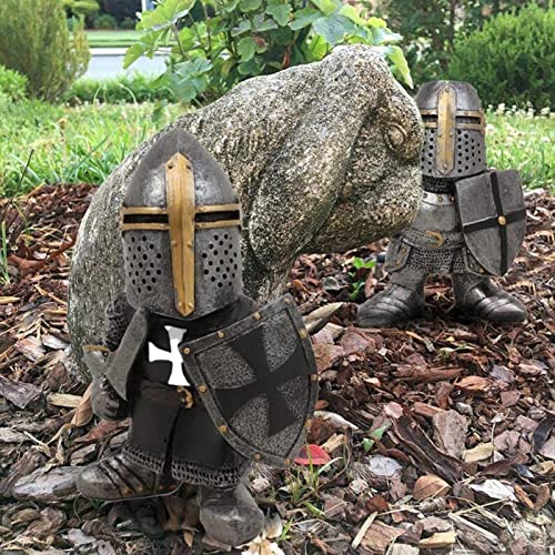 Guard Statue Knight Gnomes Guard Garden Statues - Gothic Guardians Gnomes , Renaissance Medieval Cross Templar Crusader Figurine, European Knights Ornament for Outdoor Yard Lawn Decor-As Shown||A