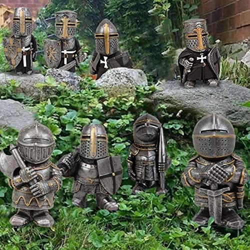 Guard Statue Knight Gnomes Guard Garden Statues - Gothic Guardians Gnomes , Renaissance Medieval Cross Templar Crusader Figurine, European Knights Ornament for Outdoor Yard Lawn Decor-As Shown||A