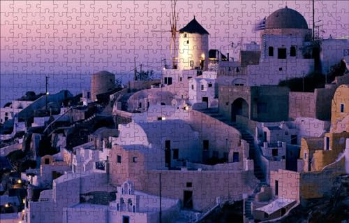 GUOHLOZ 1000 Piezas Paisaje Puzzle de Madera s Rompecabezas para Adultos Romántico, Molino, Santorini, Grecia 75x50cm