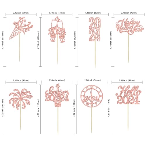 Gyufise 24 adornos para cupcakes de Año Nuevo 2024, reloj de fuegos artificiales con purpurina de oro rosa, Hello 2024 Cheers to 2024, decoraciones para cupcakes para Año Nuevo, suministros de
